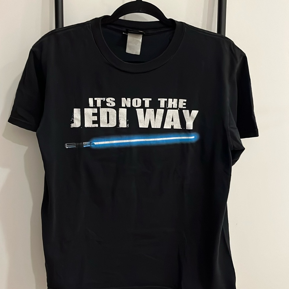 Vintage Star Wars Blue Light Saber Logo Tee Black T-shirt Short Sleeve Size S-M?